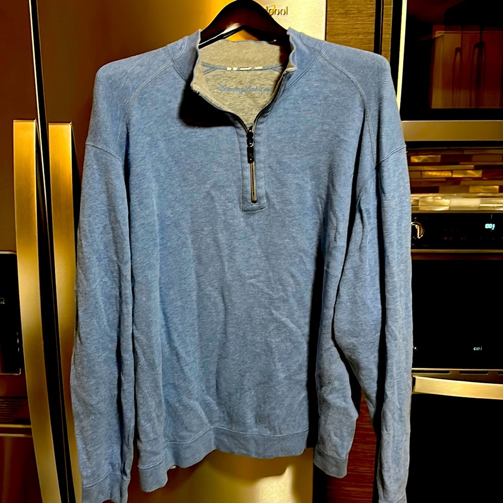 Tommy Bahama 1/4 zip sweater reversable blue one side grey the other.